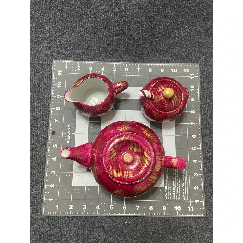 BIA Cordon Bleu Magenta Hand Painted Ceramic Teapot Creamer Sugar Bowl Set